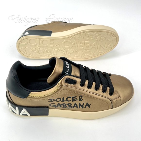 NEW DOLCE & GABBANA Gold-Tone Leather Logo Men's PORTOFINO Sneakers EU 42 / US 9 - Picture 9 of 10